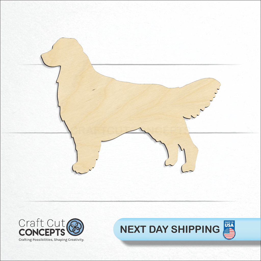 Craft Cut Concepts logo and next day shipping banner with an unfinished wood Golden Retriever-3 craft shape and blank