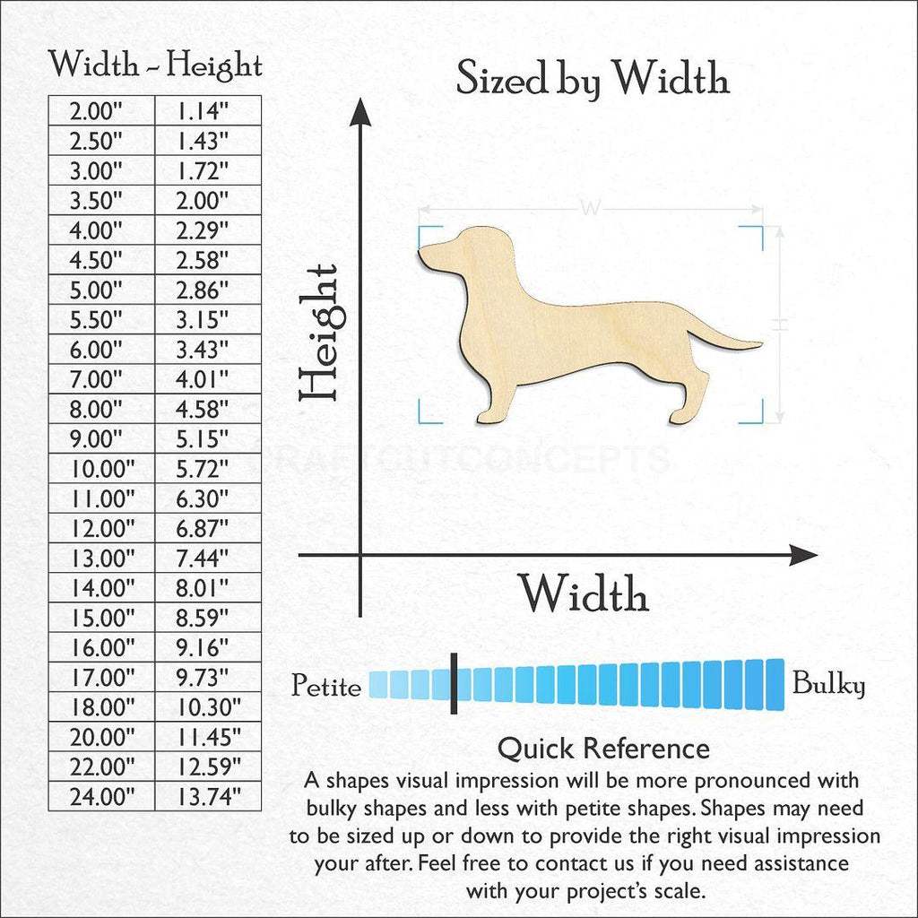 Sizes available for a laser cut Dachshund Dog craft blank