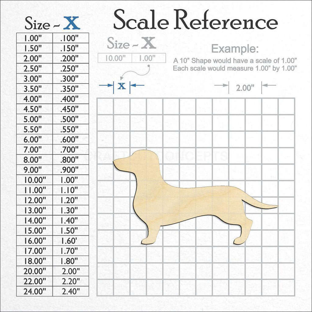 A scale and graph image showing a wood Dachshund Dog craft blank