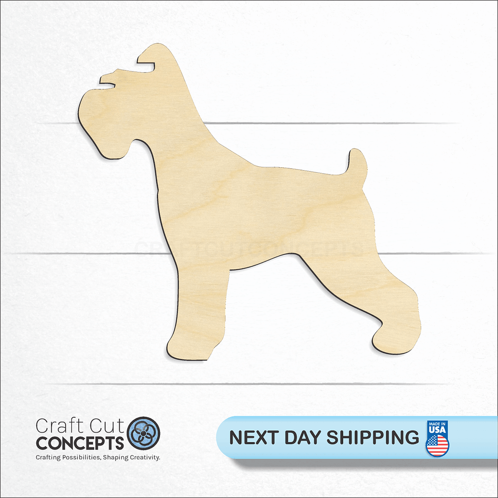 Craft Cut Concepts logo and next day shipping banner with an unfinished wood Schnauzer Dog craft shape and blank