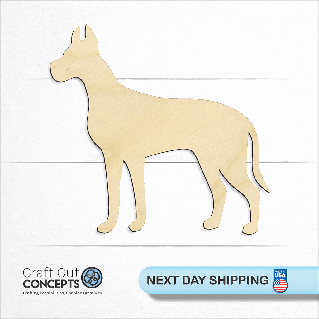 Craft Cut Concepts logo and next day shipping banner with an unfinished wood Great Dane craft shape and blank