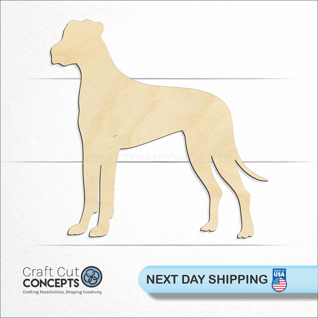 Craft Cut Concepts logo and next day shipping banner with an unfinished wood Great Dane craft shape and blank