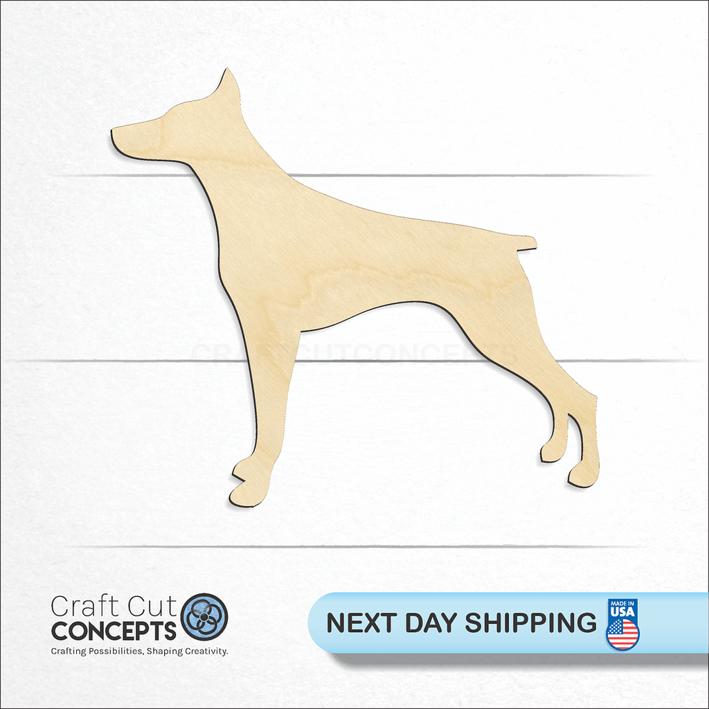 Craft Cut Concepts logo and next day shipping banner with an unfinished wood Doberman craft shape and blank