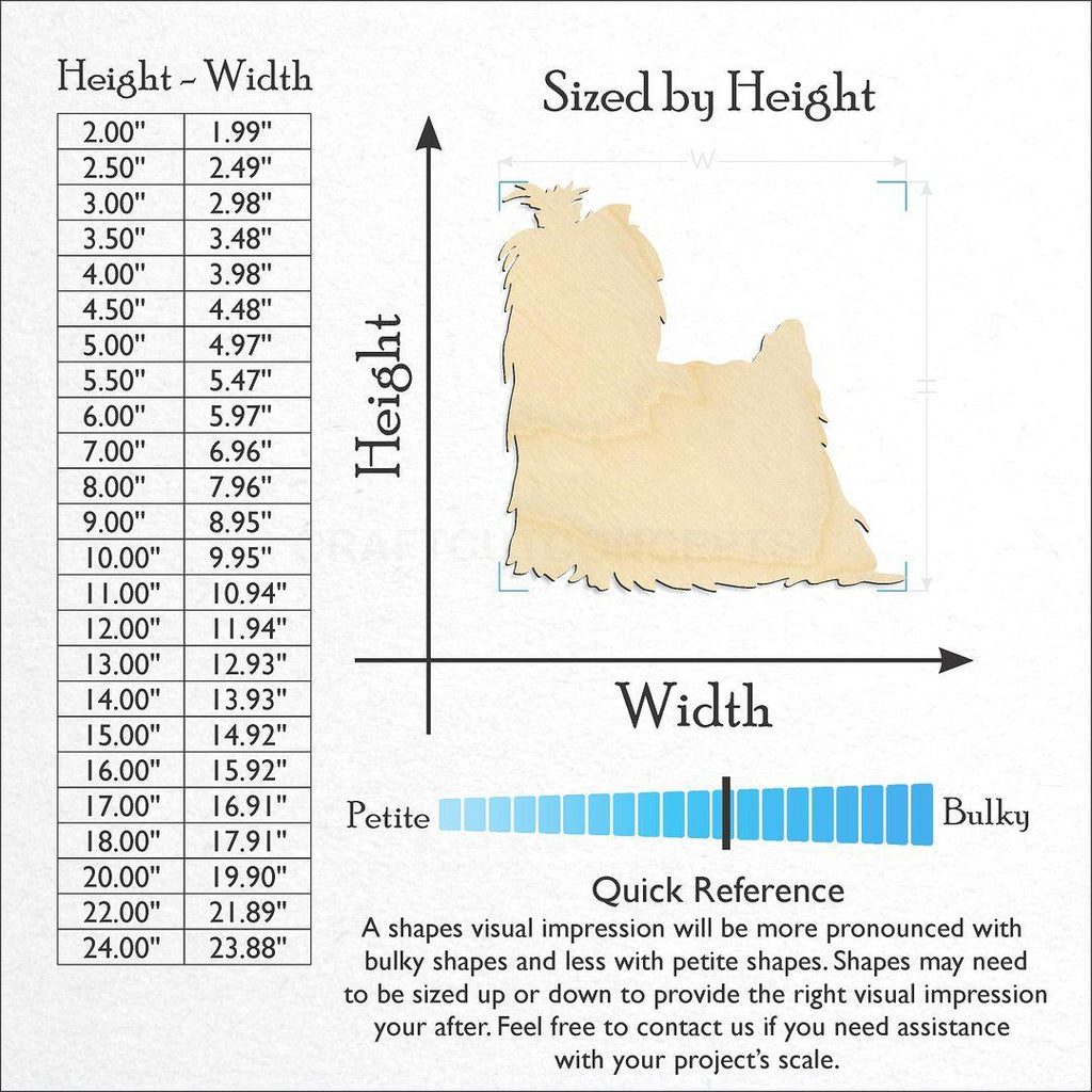 Sizes available for a laser cut Yorkie craft blank