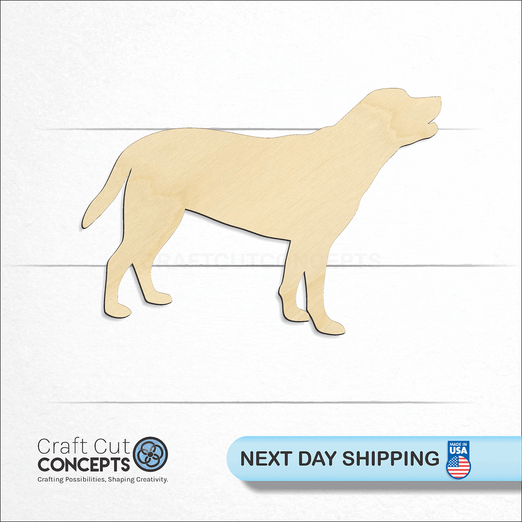 Craft Cut Concepts logo and next day shipping banner with an unfinished wood Labrador craft shape and blank