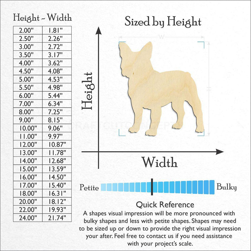 Sizes available for a laser cut French Bull Dog craft blank