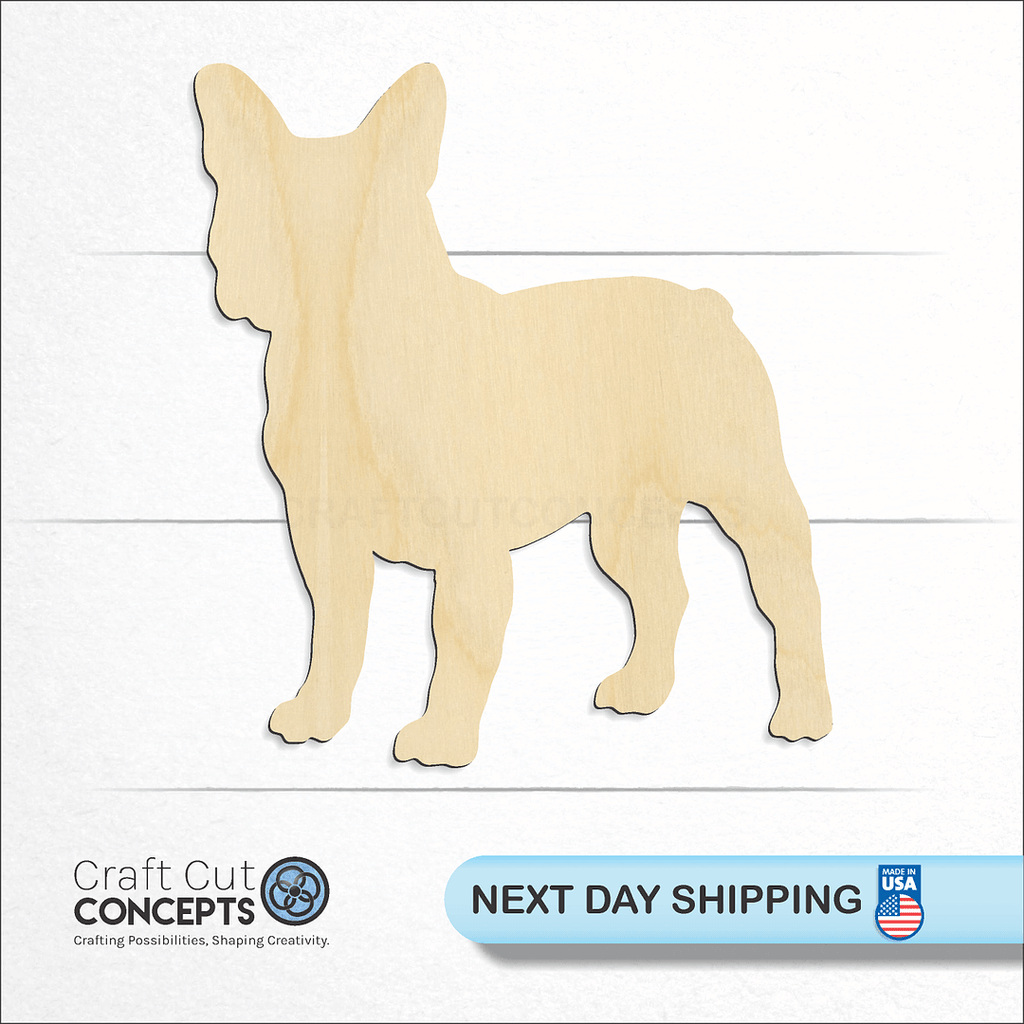 Craft Cut Concepts logo and next day shipping banner with an unfinished wood French Bull Dog craft shape and blank