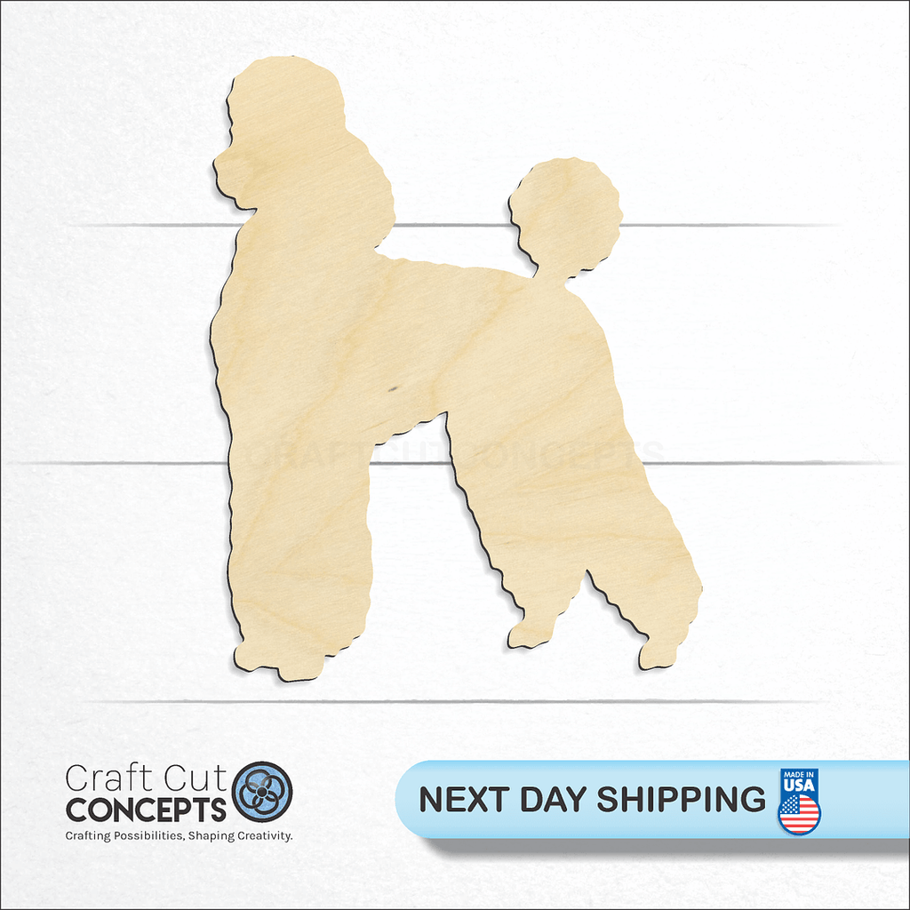 Craft Cut Concepts logo and next day shipping banner with an unfinished wood Poodle craft shape and blank