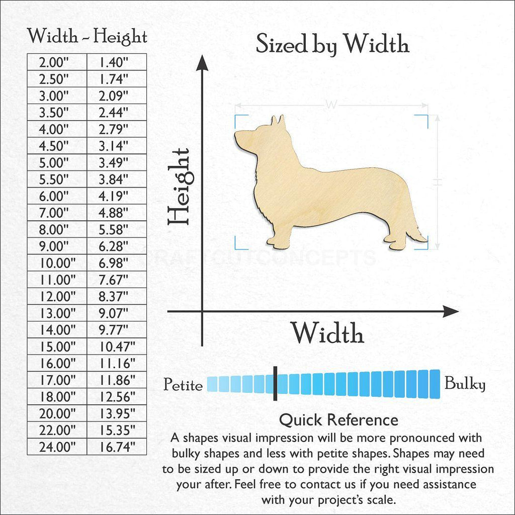 Sizes available for a laser cut Cardigan Welsh Corgi craft blank