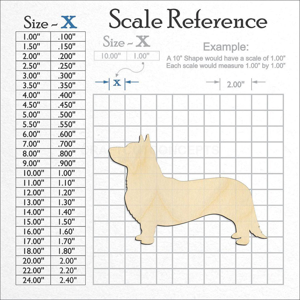 A scale and graph image showing a wood Cardigan Welsh Corgi craft blank