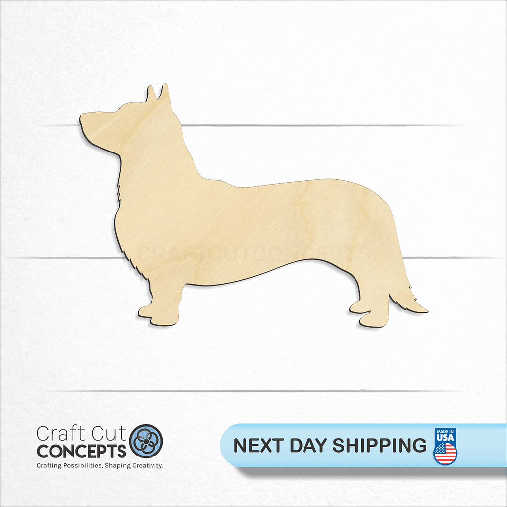 Craft Cut Concepts logo and next day shipping banner with an unfinished wood Cardigan Welsh Corgi craft shape and blank