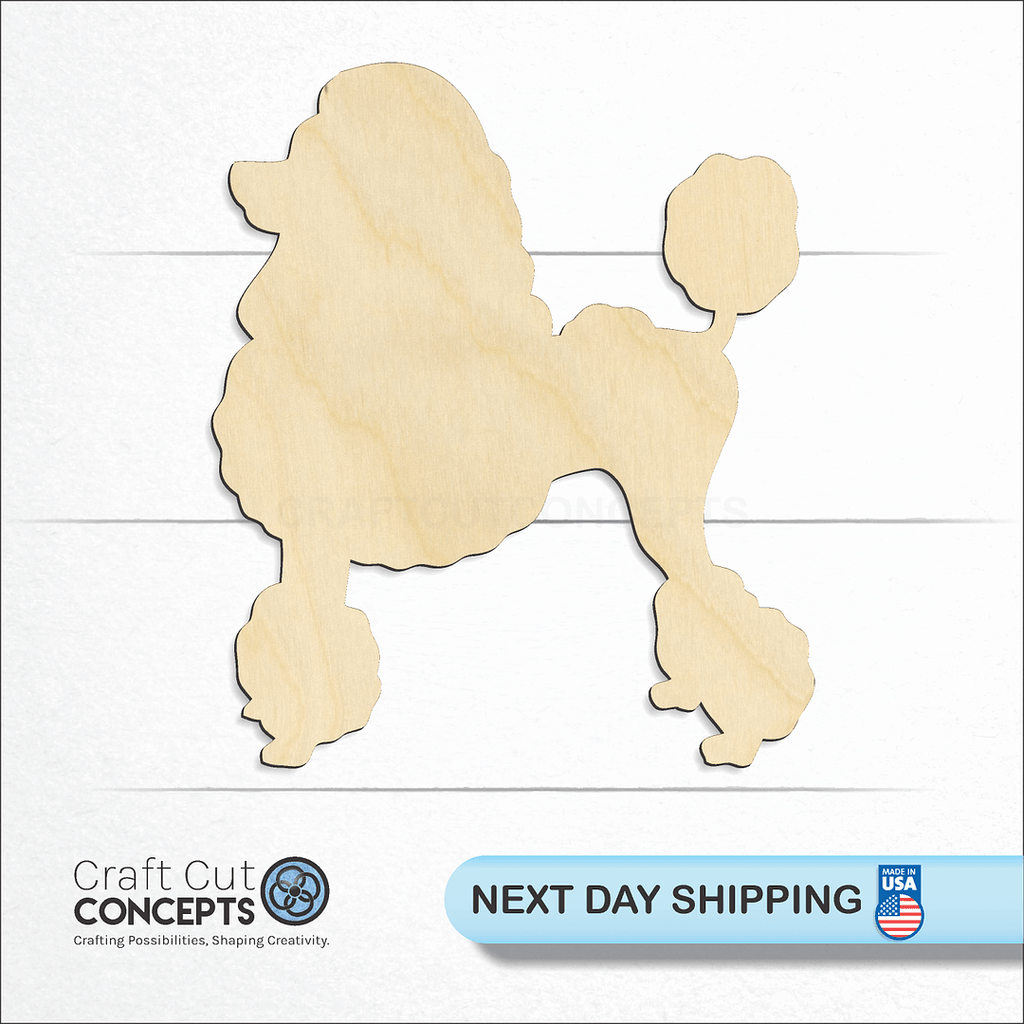 Craft Cut Concepts logo and next day shipping banner with an unfinished wood Poodle craft shape and blank