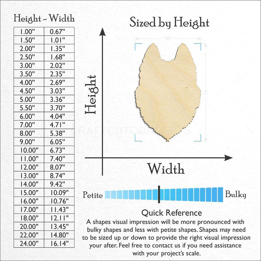 Sizes available for a laser cut Husky Head craft blank