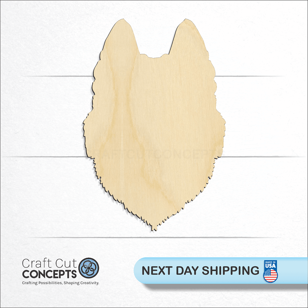 Craft Cut Concepts logo and next day shipping banner with an unfinished wood Husky Head craft shape and blank