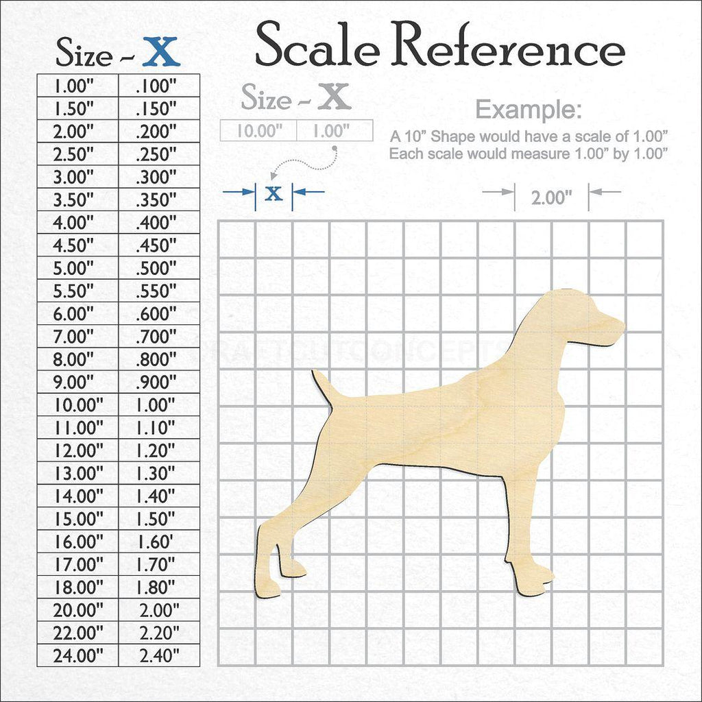 A scale and graph image showing a wood Weimaraner craft blank