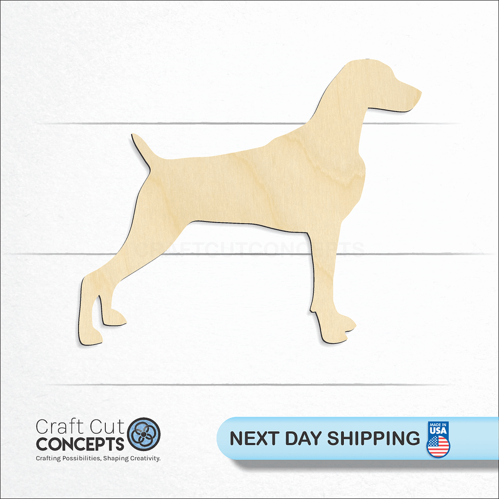 Craft Cut Concepts logo and next day shipping banner with an unfinished wood Weimaraner craft shape and blank