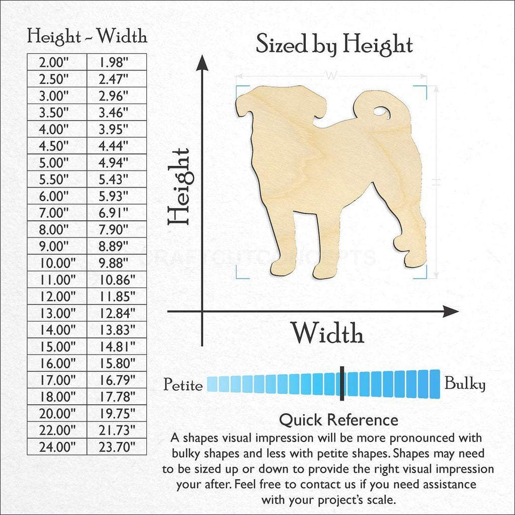 Sizes available for a laser cut Pug craft blank