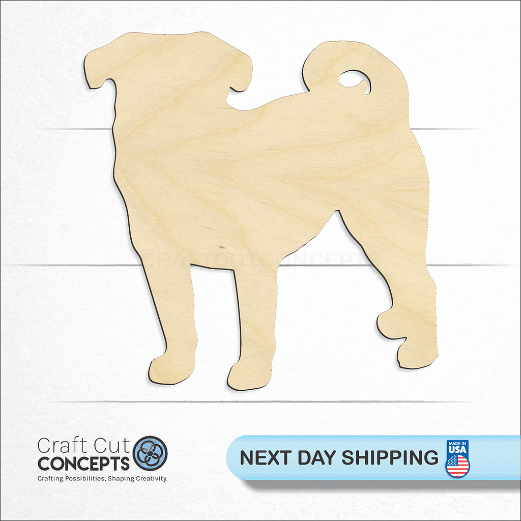 Craft Cut Concepts logo and next day shipping banner with an unfinished wood Pug craft shape and blank