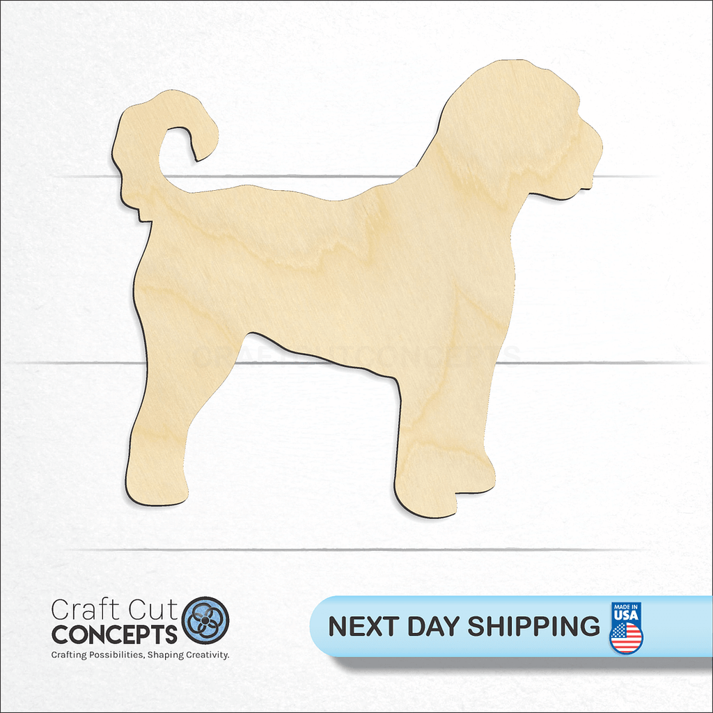 Craft Cut Concepts logo and next day shipping banner with an unfinished wood Golden Doodle craft shape and blank