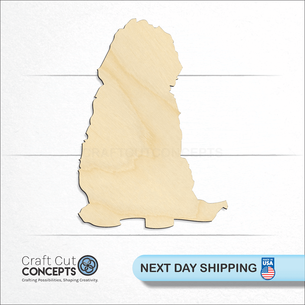 Craft Cut Concepts logo and next day shipping banner with an unfinished wood Golden Doodle sitting craft shape and blank