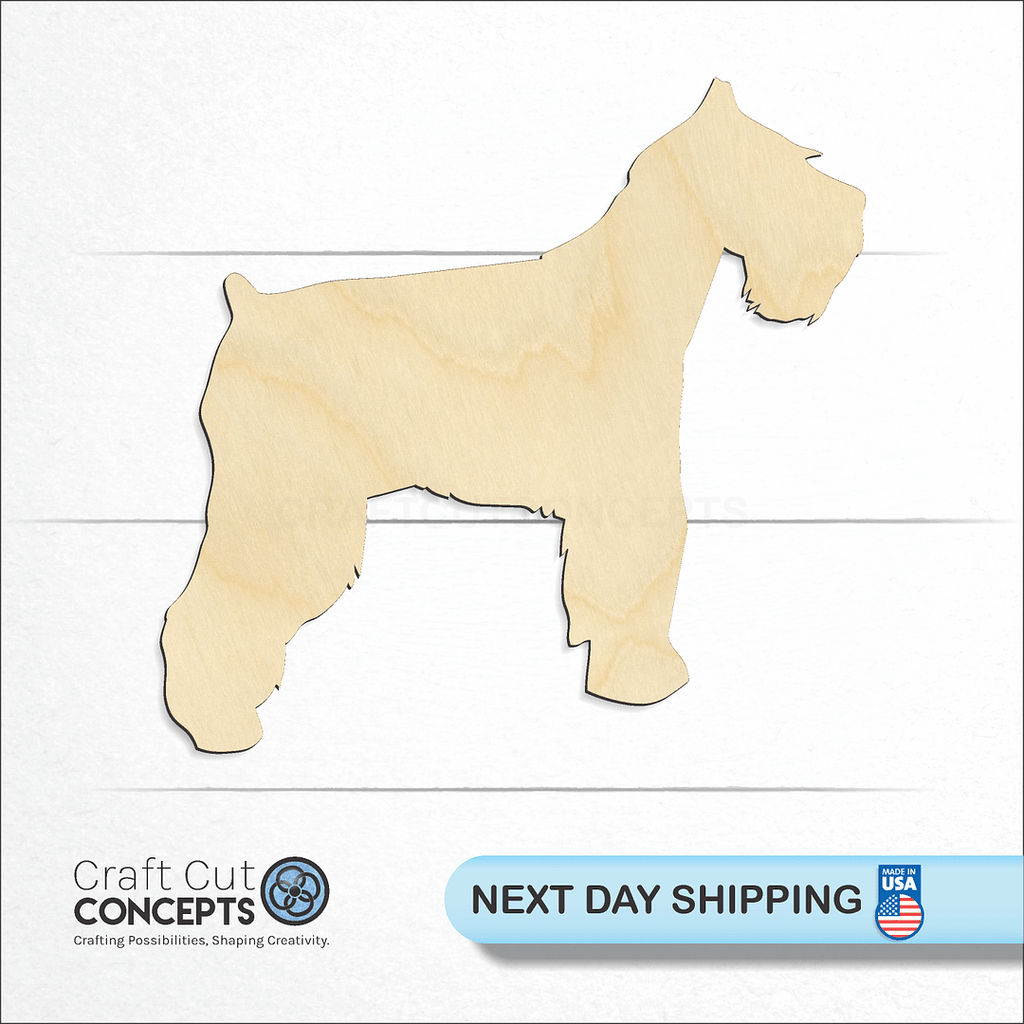 Craft Cut Concepts logo and next day shipping banner with an unfinished wood Schnauzer craft shape and blank