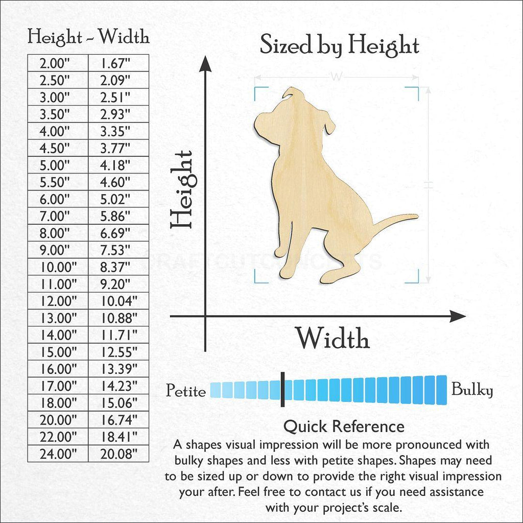 Sizes available for a laser cut Pitbull Puppy craft blank