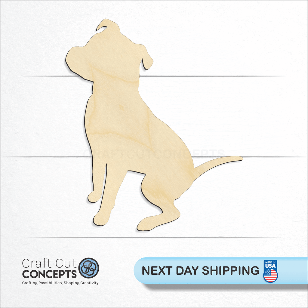 Craft Cut Concepts logo and next day shipping banner with an unfinished wood Pitbull Puppy craft shape and blank