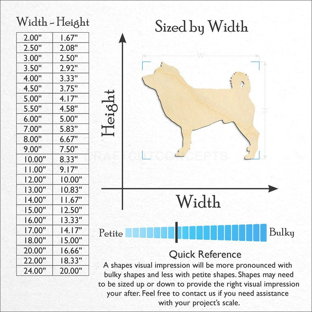 Sizes available for a laser cut Shiba Inu craft blank