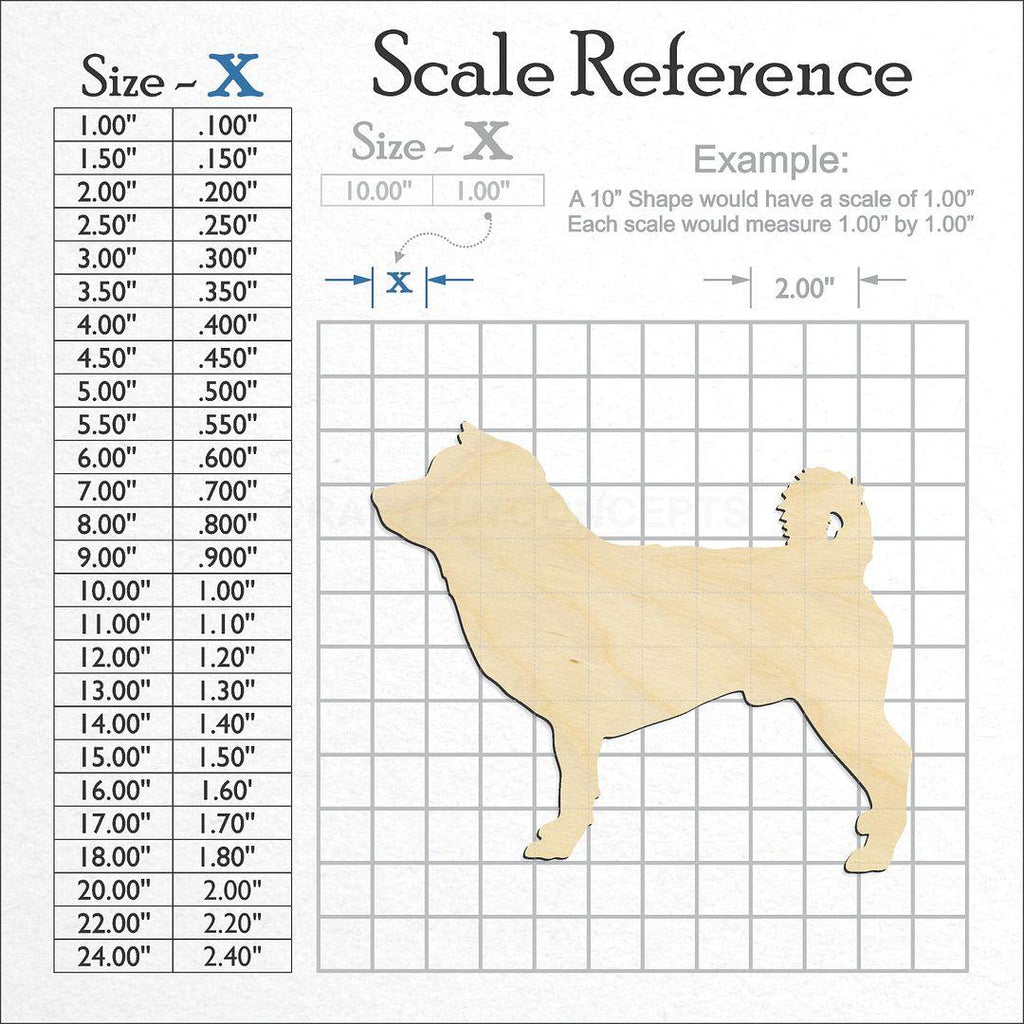 A scale and graph image showing a wood Shiba Inu craft blank