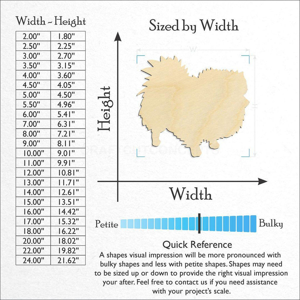 Sizes available for a laser cut Pomeranian craft blank