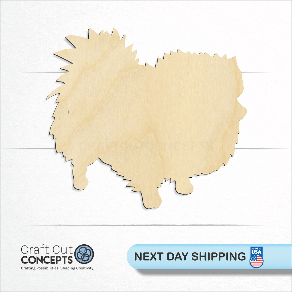 Craft Cut Concepts logo and next day shipping banner with an unfinished wood Pomeranian craft shape and blank