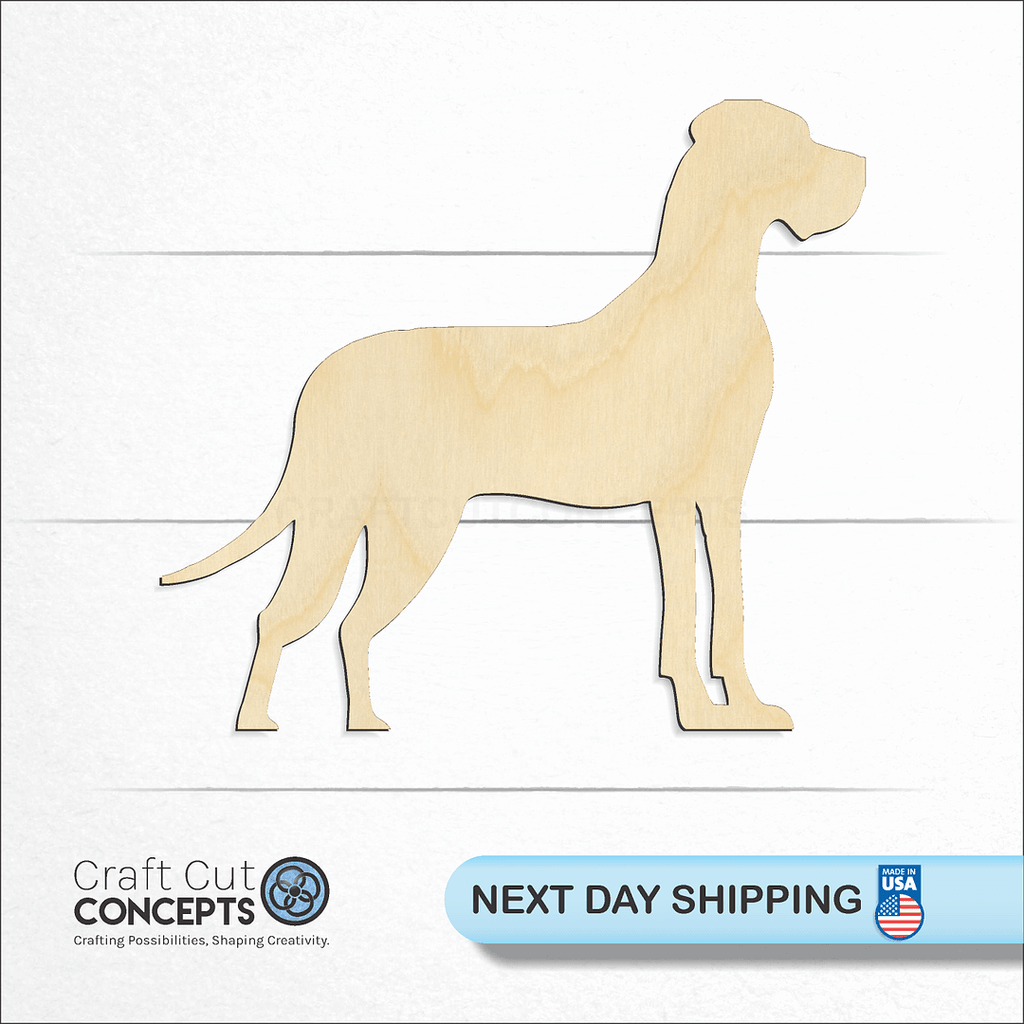 Craft Cut Concepts logo and next day shipping banner with an unfinished wood Great Dane craft shape and blank