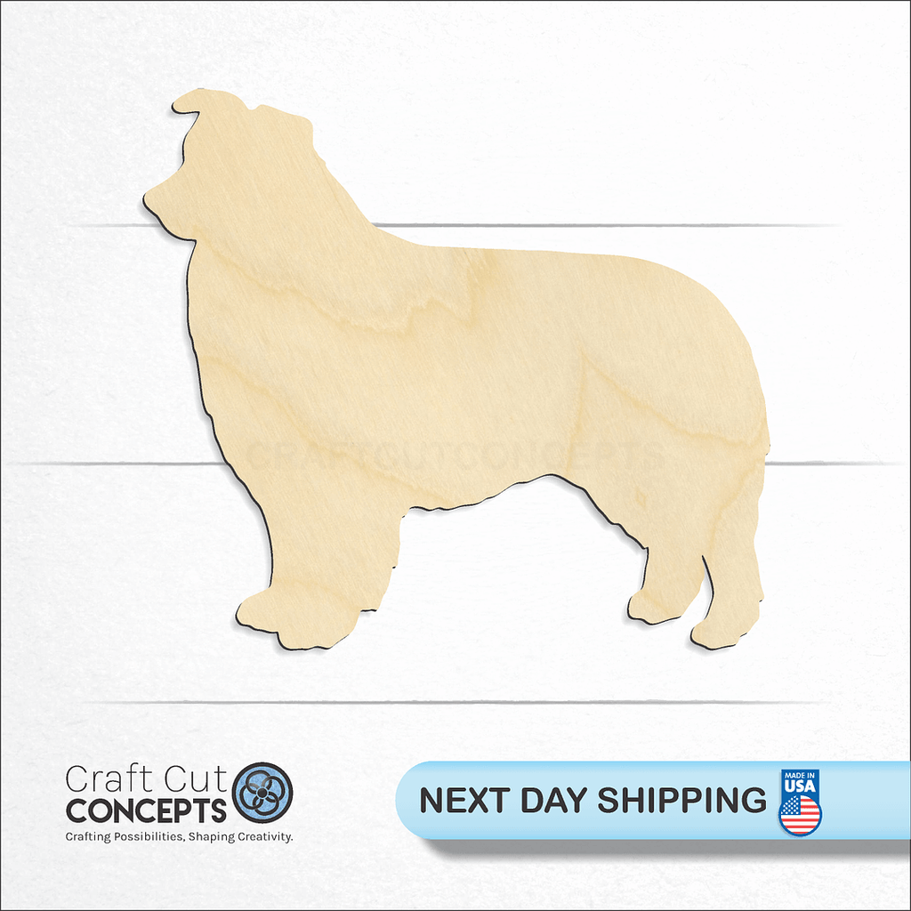 Craft Cut Concepts logo and next day shipping banner with an unfinished wood Border Collie craft shape and blank