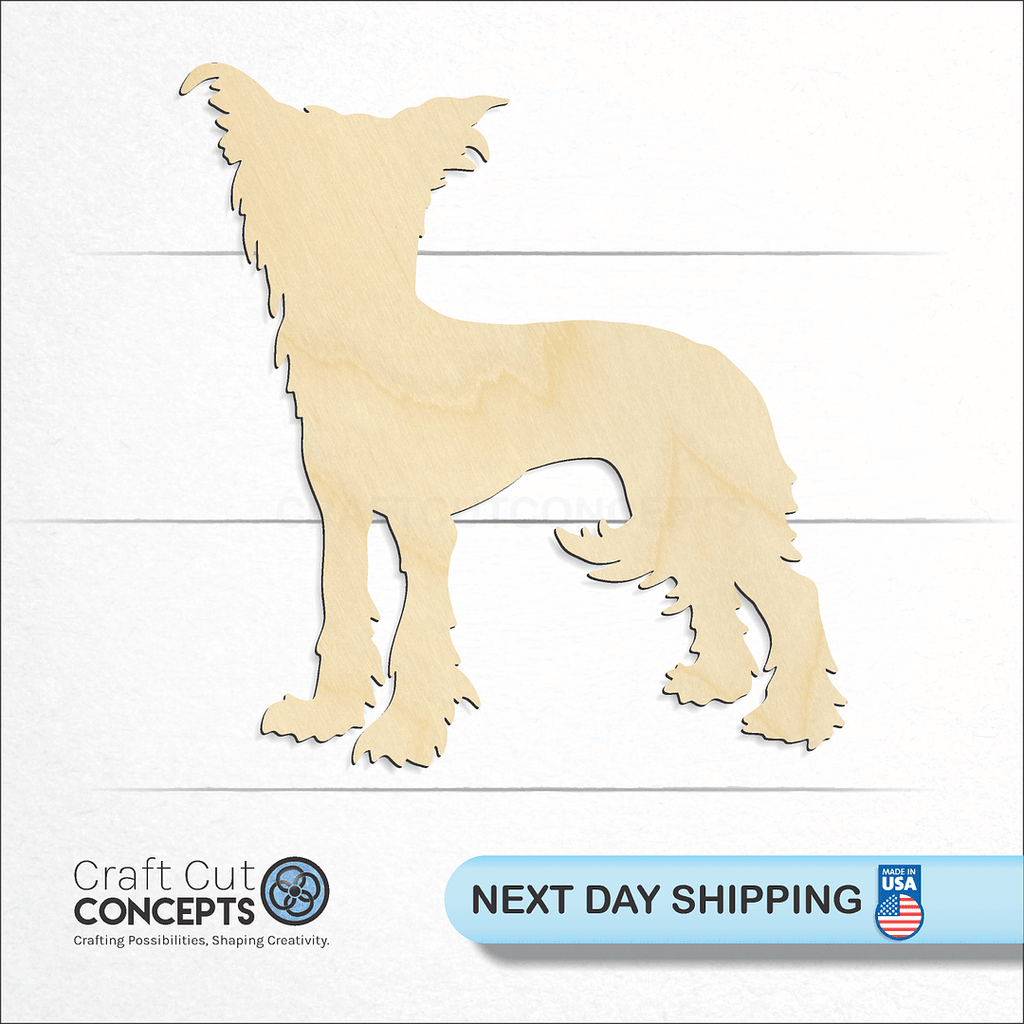 Craft Cut Concepts logo and next day shipping banner with an unfinished wood Chinese Crested craft shape and blank