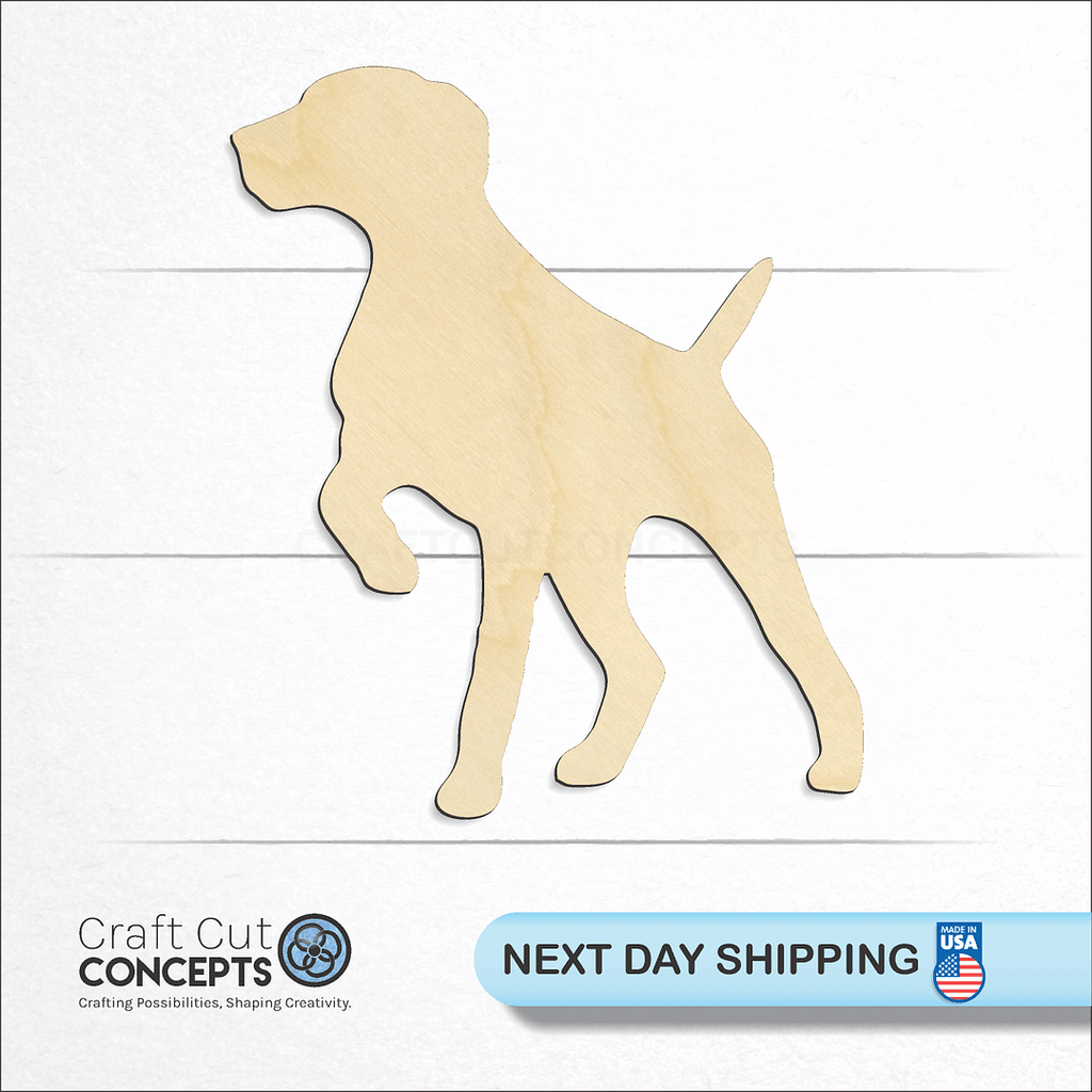 Craft Cut Concepts logo and next day shipping banner with an unfinished wood German Shorthaired Pointer craft shape and blank