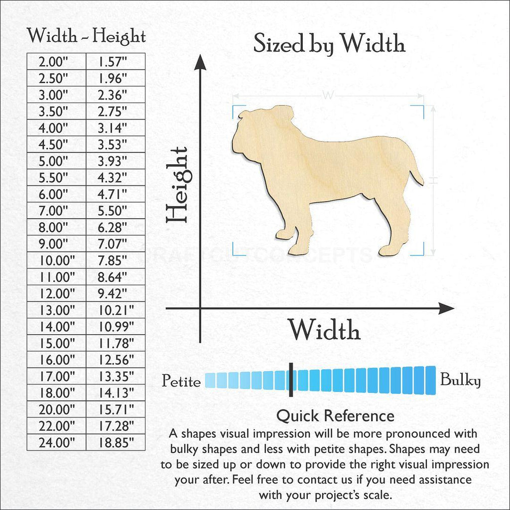 Sizes available for a laser cut English Bulldog craft blank