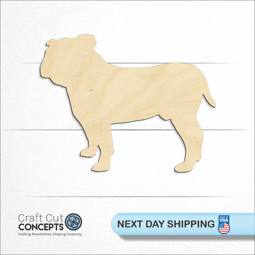 Craft Cut Concepts logo and next day shipping banner with an unfinished wood English Bulldog craft shape and blank