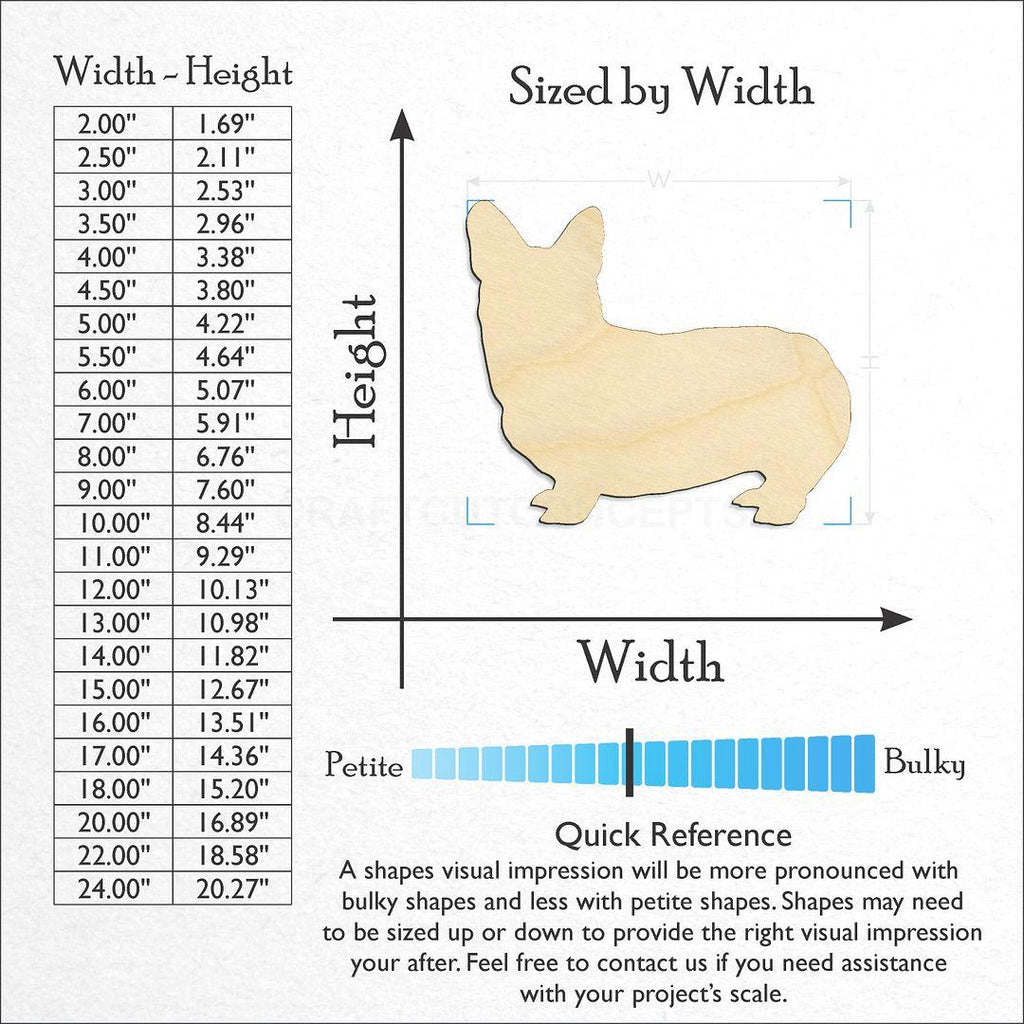 Sizes available for a laser cut Corgi craft blank