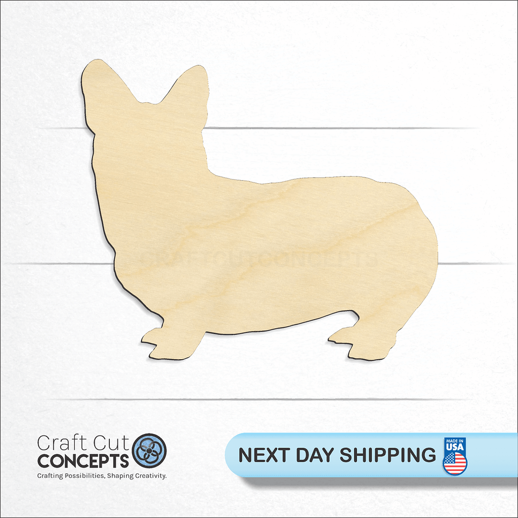 Craft Cut Concepts logo and next day shipping banner with an unfinished wood Corgi craft shape and blank