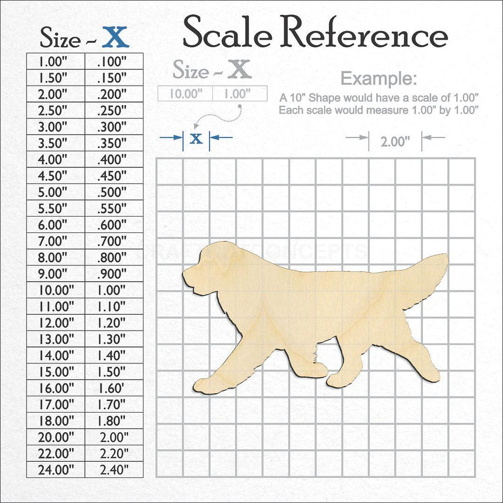 A scale and graph image showing a wood Golden Retriever LAUNCH MID-YEAR PRIV craft blank