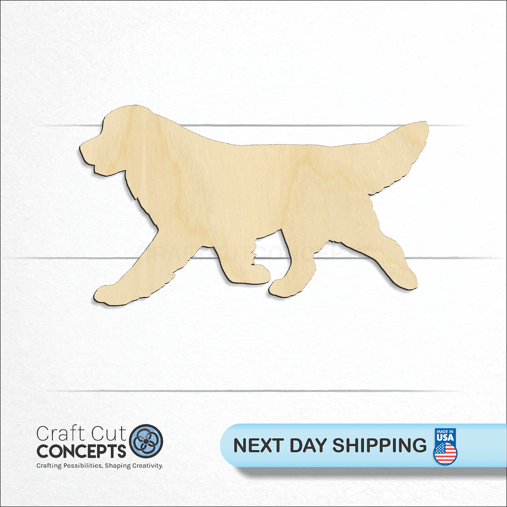 Craft Cut Concepts logo and next day shipping banner with an unfinished wood Golden Retriever LAUNCH MID-YEAR PRIV craft shape and blank