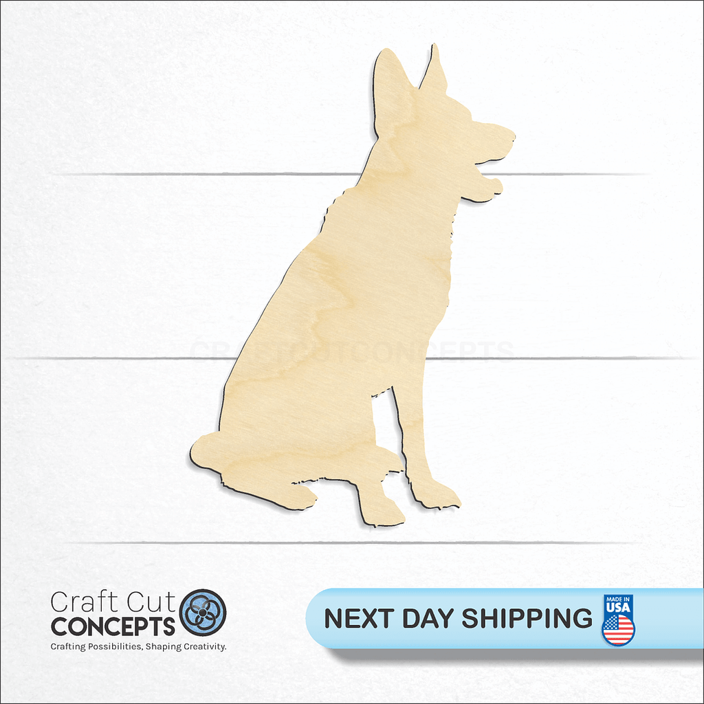 Craft Cut Concepts logo and next day shipping banner with an unfinished wood German Shepard craft shape and blank