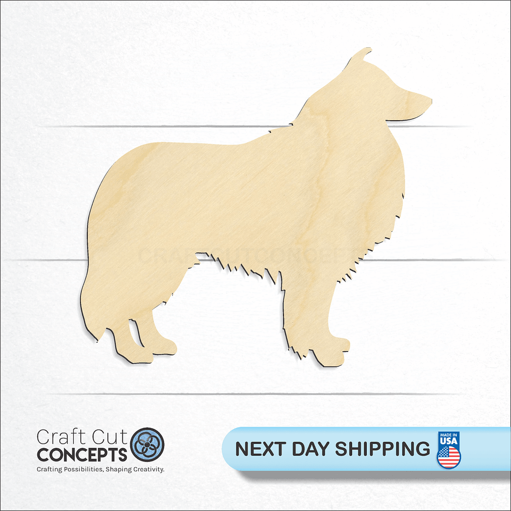 Craft Cut Concepts logo and next day shipping banner with an unfinished wood Sheltie craft shape and blank