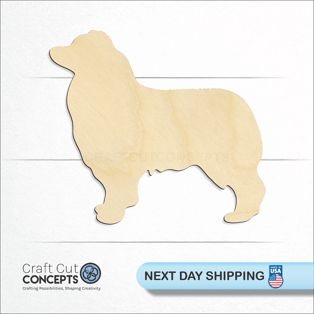 Craft Cut Concepts logo and next day shipping banner with an unfinished wood Australian Shepherd craft shape and blank