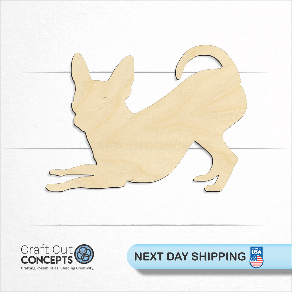 Craft Cut Concepts logo and next day shipping banner with an unfinished wood Chihuahua craft shape and blank