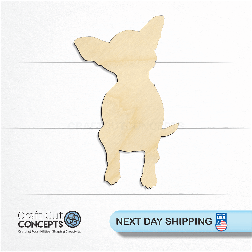 Craft Cut Concepts logo and next day shipping banner with an unfinished wood Chihuahua-2 craft shape and blank