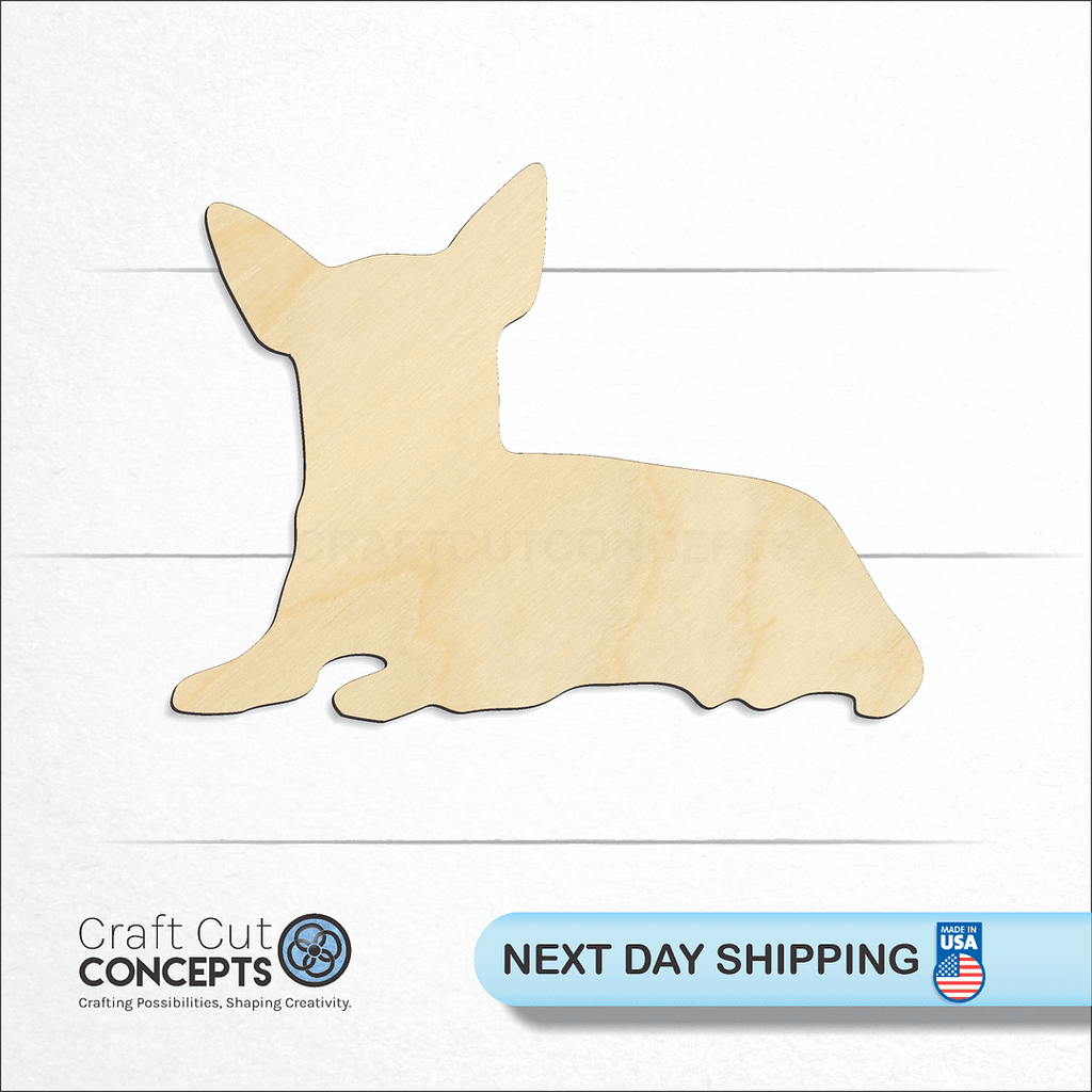 Craft Cut Concepts logo and next day shipping banner with an unfinished wood Chihuahua-3 craft shape and blank