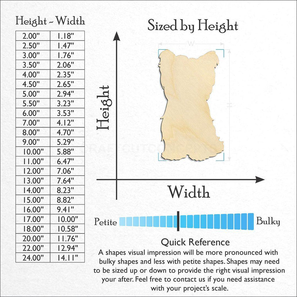 Sizes available for a laser cut Yorkie craft blank