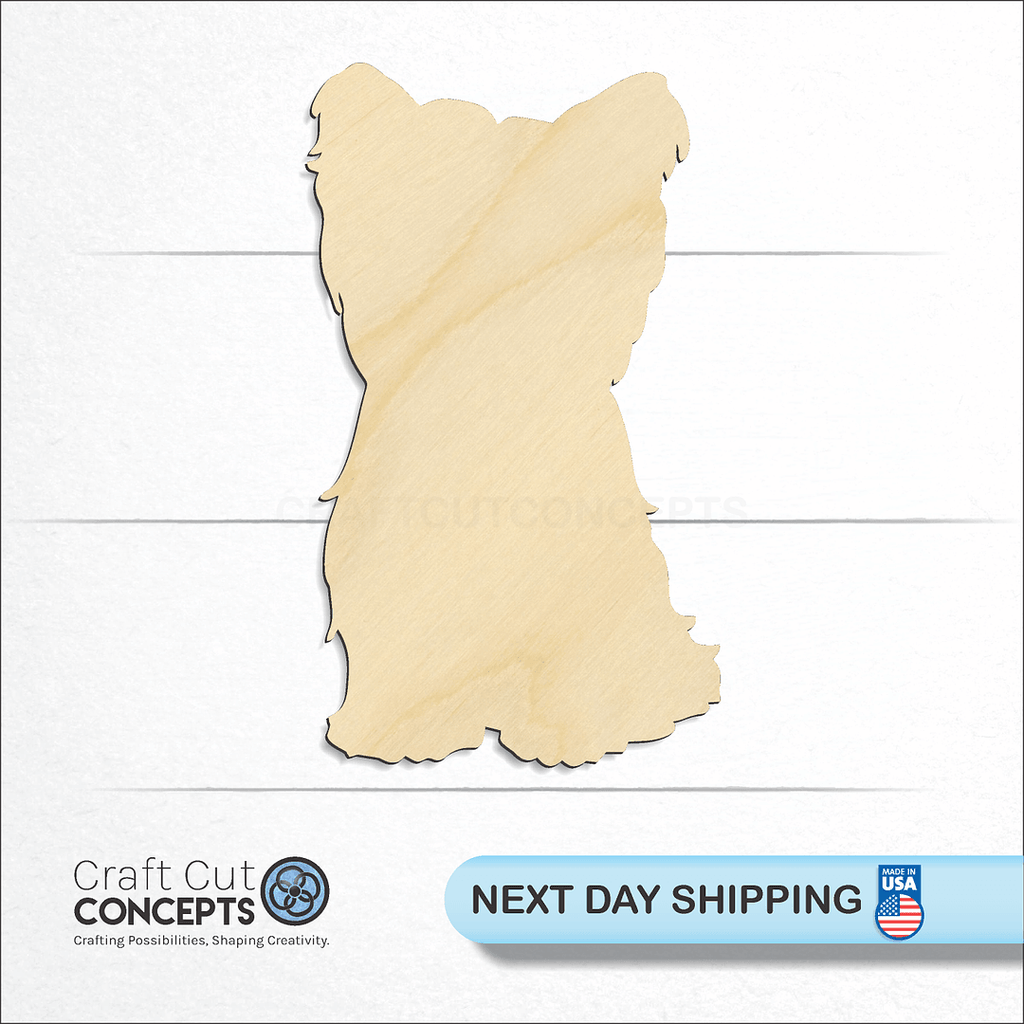 Craft Cut Concepts logo and next day shipping banner with an unfinished wood Yorkie craft shape and blank