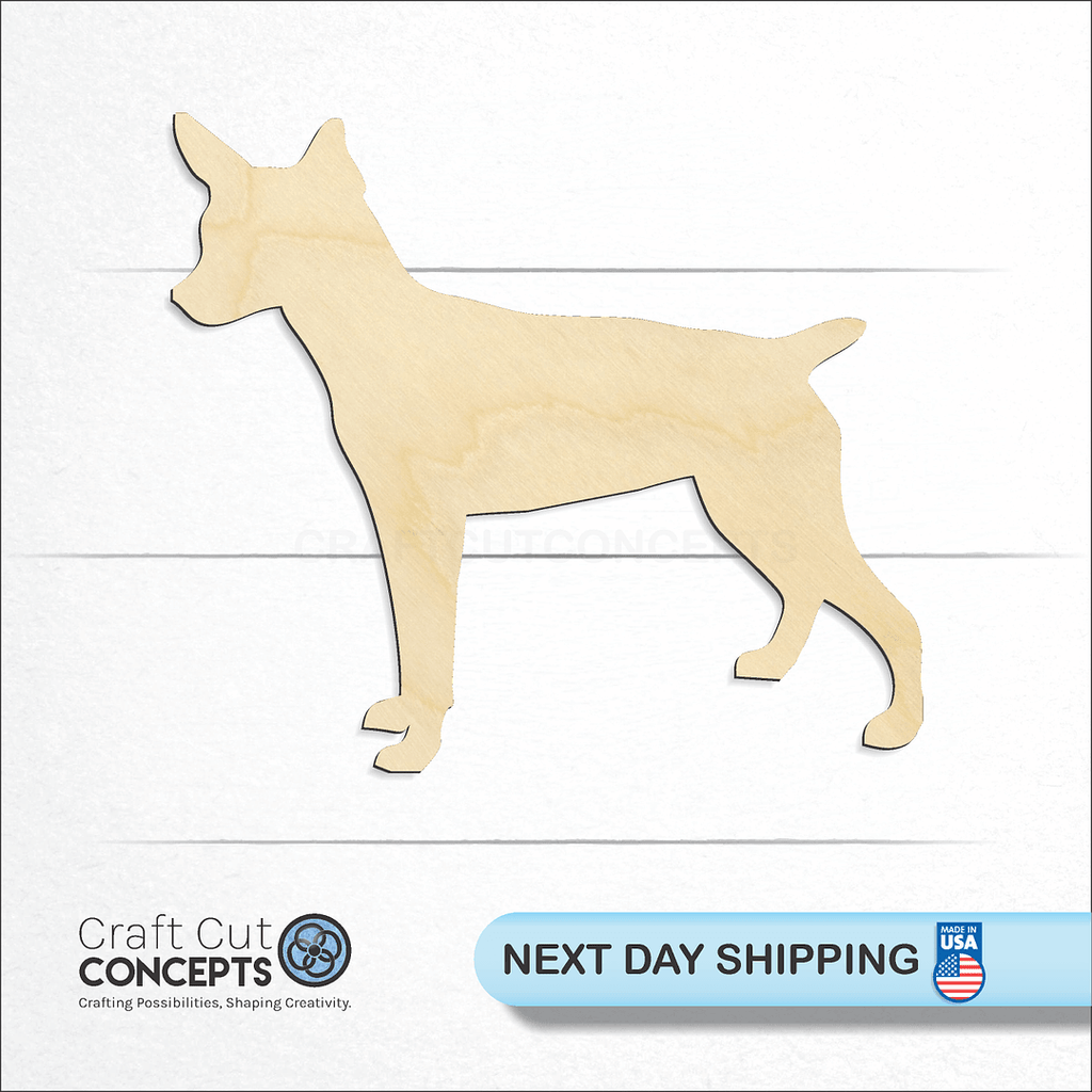 Craft Cut Concepts logo and next day shipping banner with an unfinished wood Rat Terrior craft shape and blank